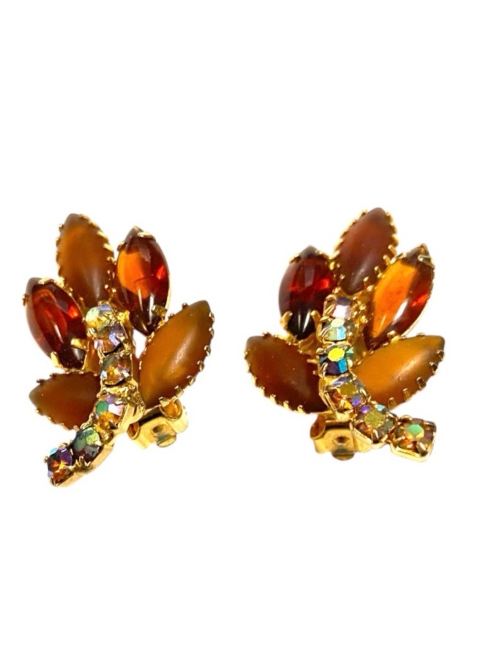 Vintage Clip On Gold & Amber Colored Leaf Earrings With Rhinestones